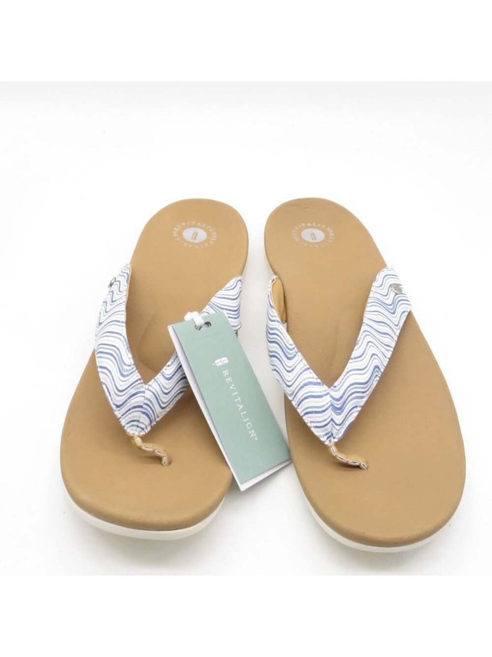 Revitalign Wave Womens Orthotic Flip Flops Cushioned Footbed Tan Blue 12 D NEW